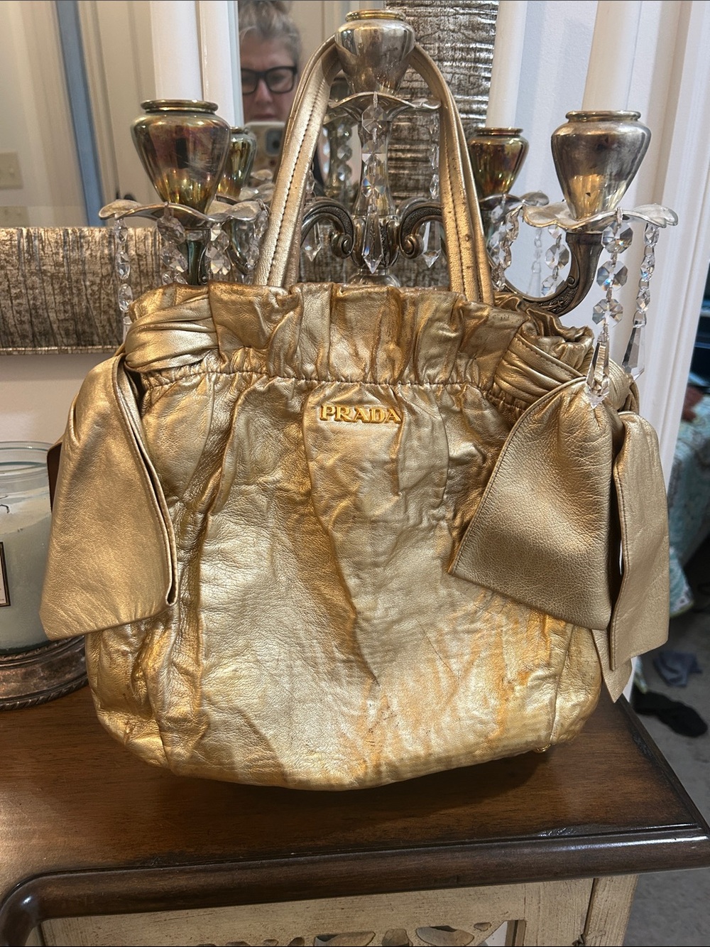 Prada Gold Metallic Leather Shoulder Bag with Gathered Top